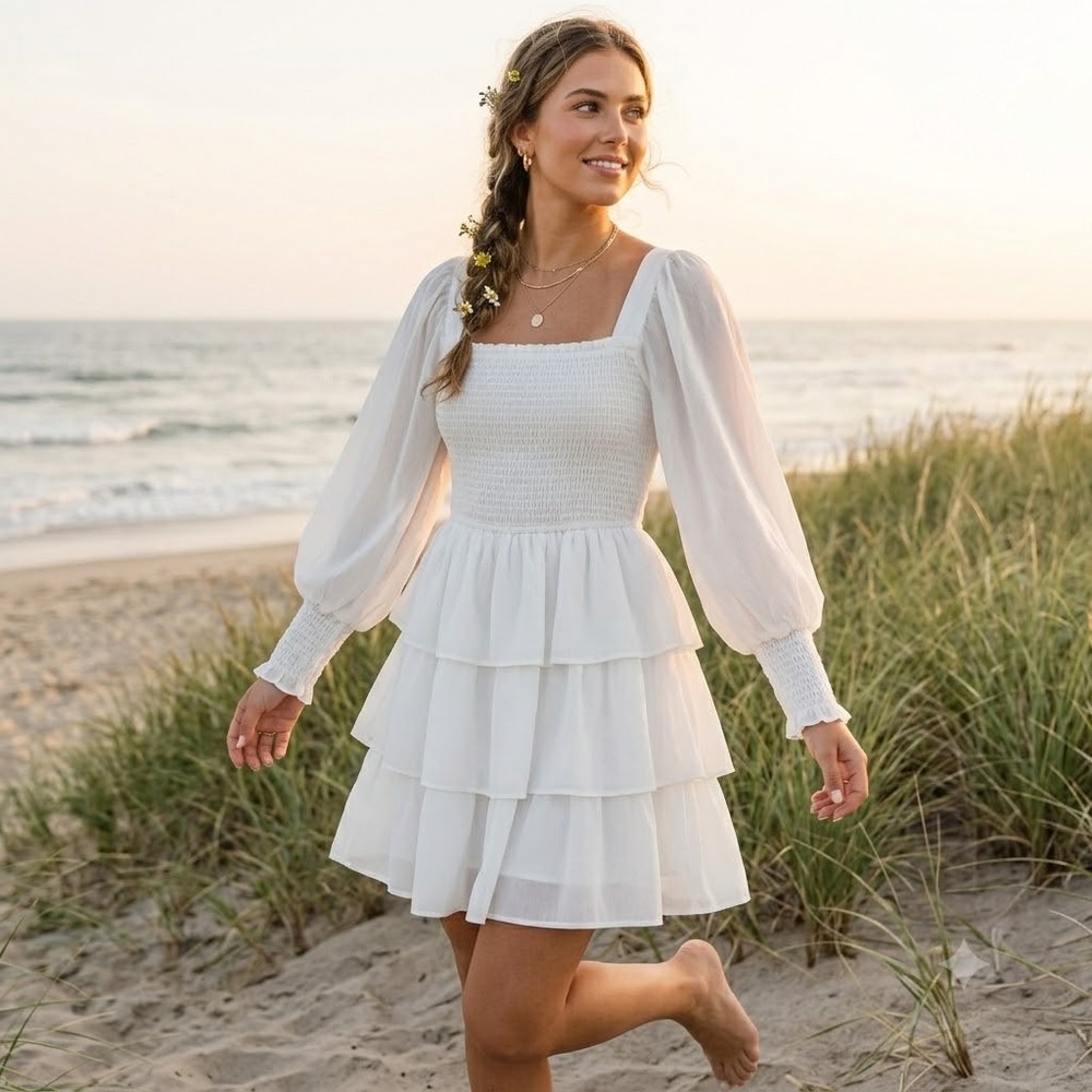 Byinns Mini Dress Women L White Smocked Tiered Long Sleeve Romantic Fairycore